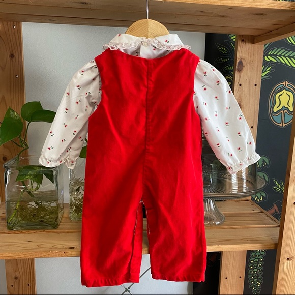 Vintage Tiny Tots Originals Red Velvet Overall Romper Heart Flower Lace Shirt - Picture 3 of 13